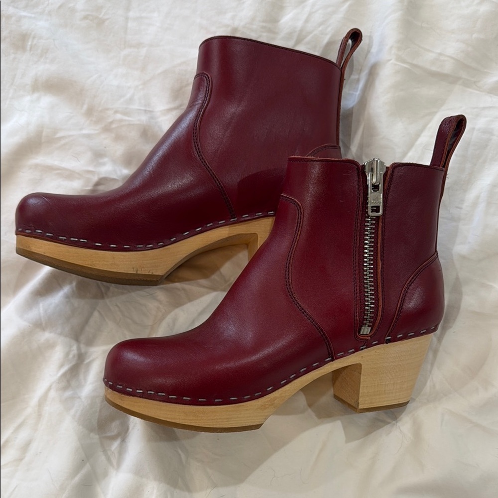 Swedish Hasbeens Handmade Burgundy Leather Mules with Wooden Heel